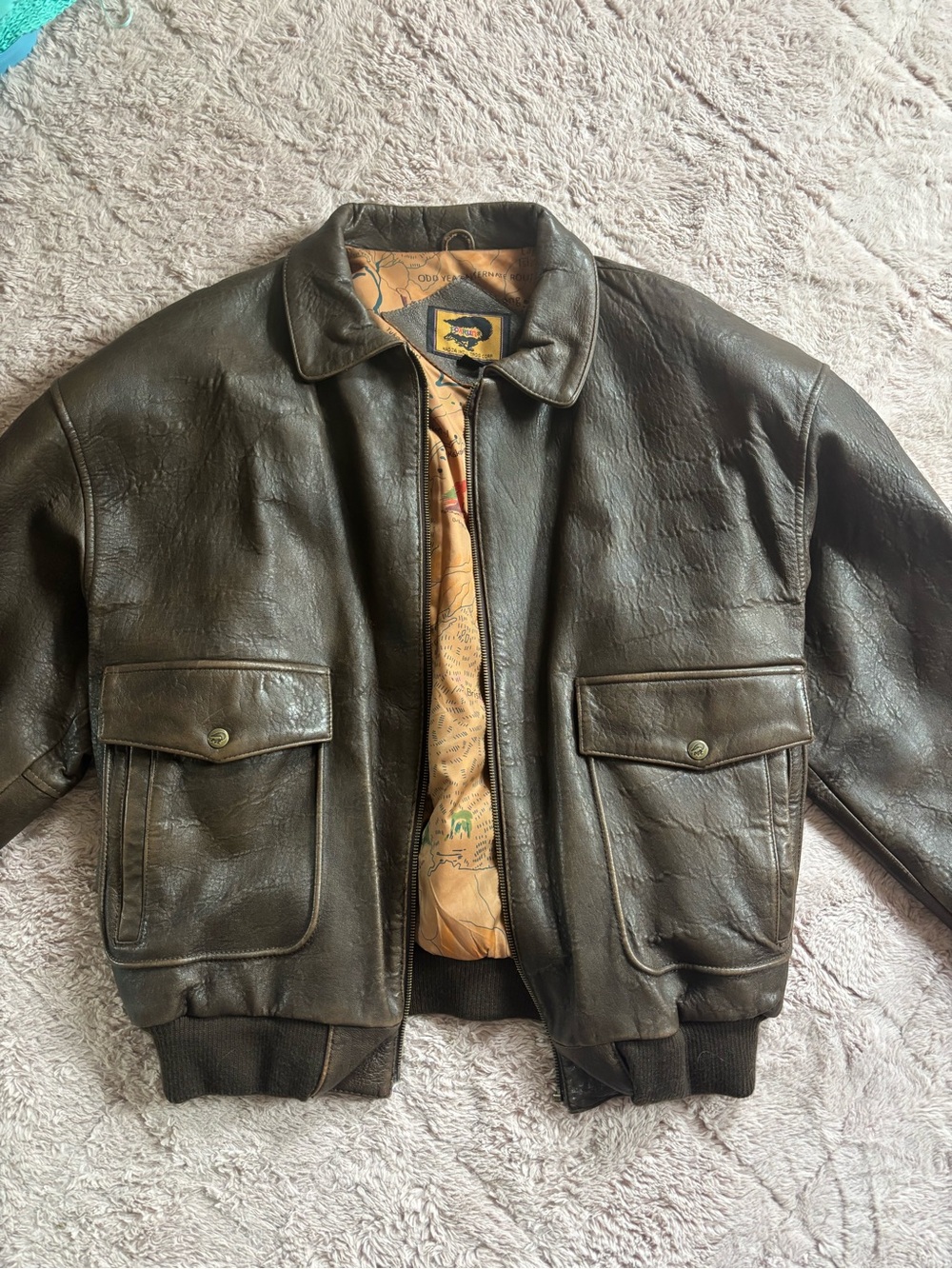Vintage Foxrun Brown Leather Bomber Jacket Map Lining L